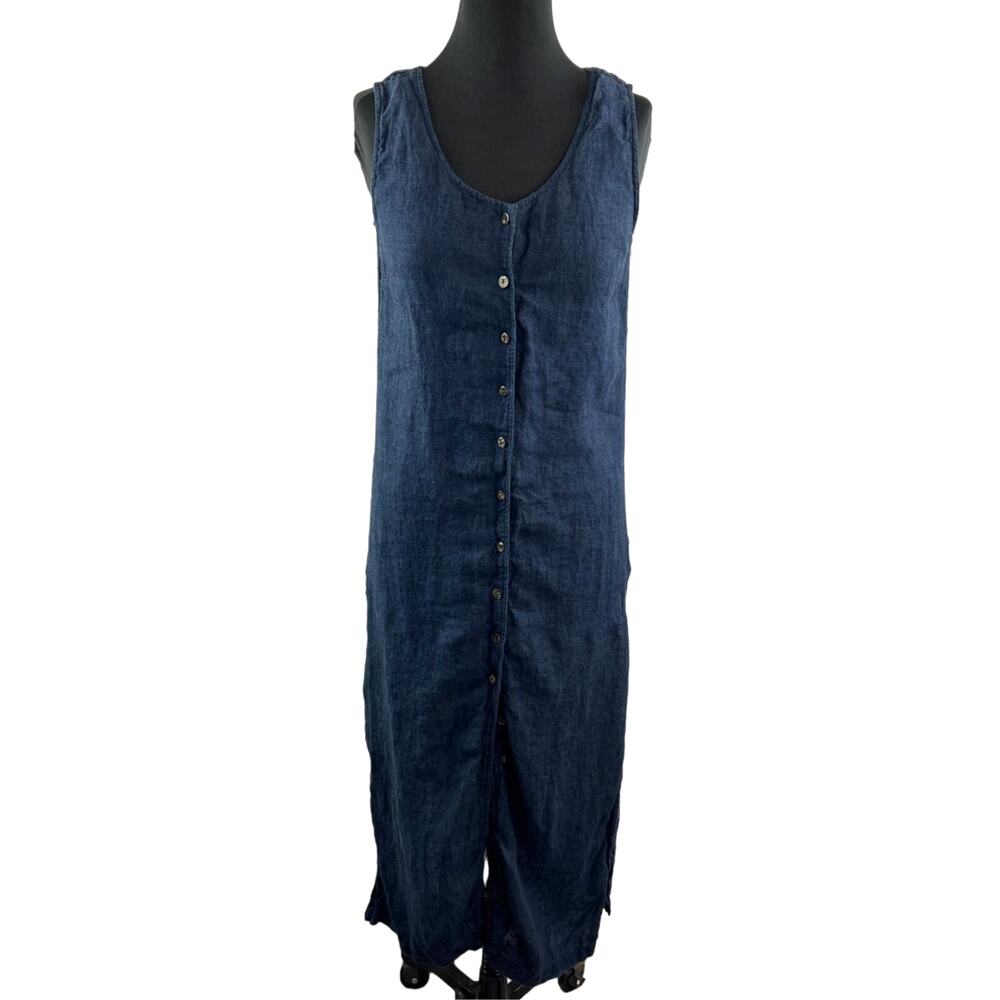 American Petite Lord & Taylor Blue Linen Sleeveless Button Front Midi Dress PS
